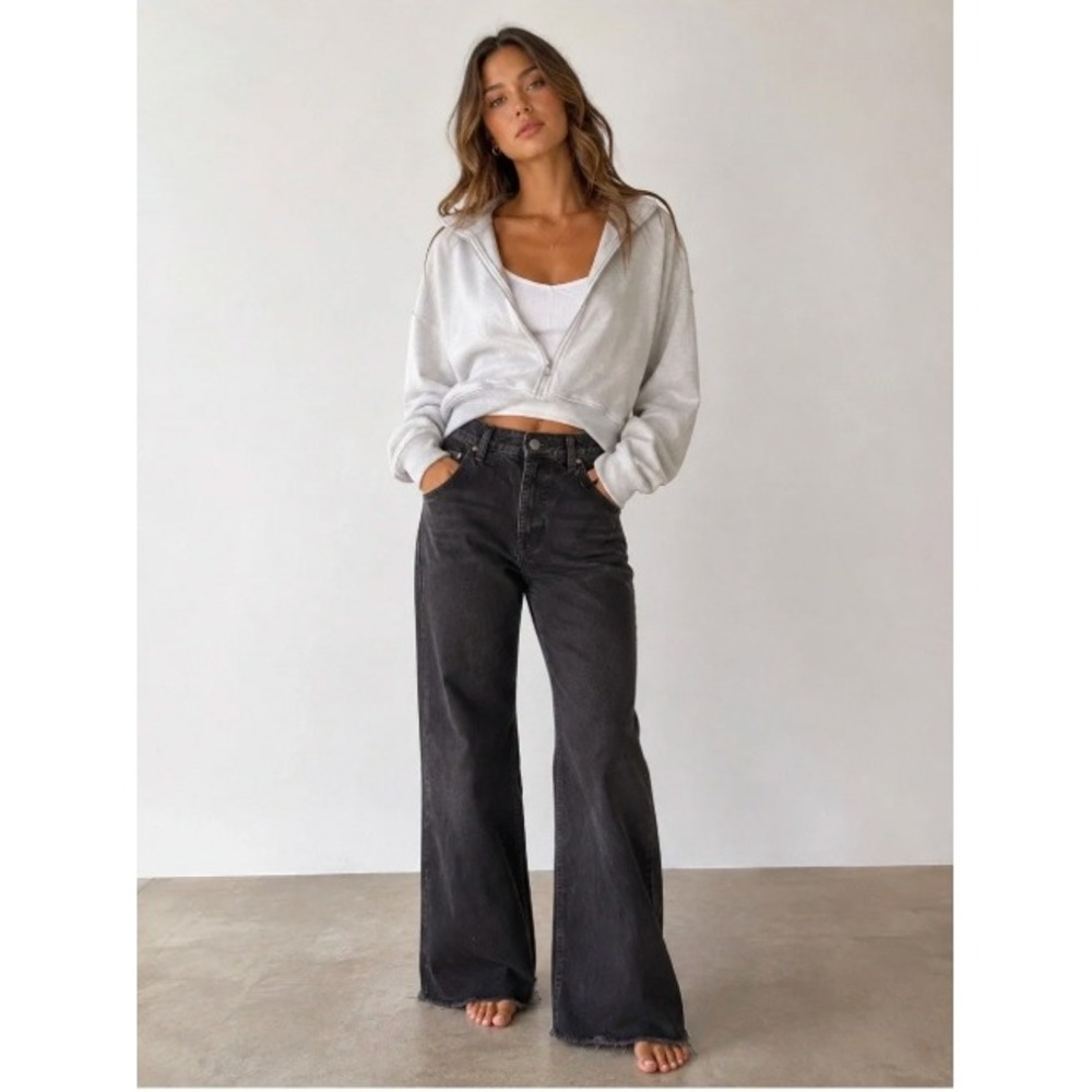 Zara 90's Full Length Jeans 4 Washed Black Raw Hem Zip